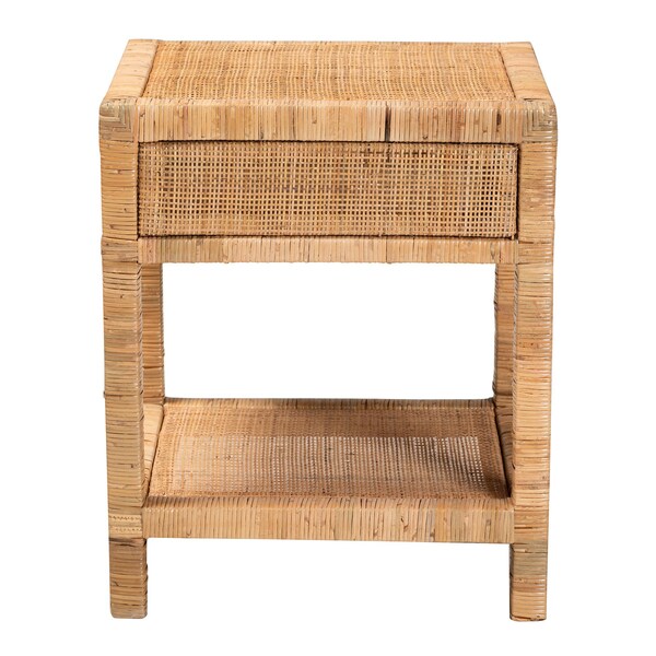 Baxton Studio Adelia Modern Bohemian Natural Rattan and Mahogany Wood 1-Drawer Nightstand - 229-13149-ZORO