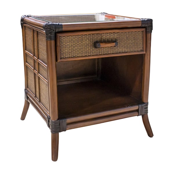 Hospitality Rattan Home Palm Cove 1-Drawer Nightstand with Glass - 1102-5644-ATQ-GL