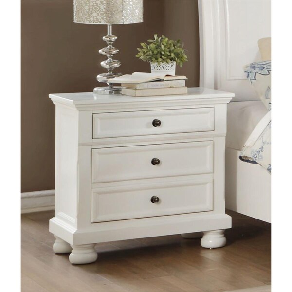 Benzara Transitional Style Two Drawer Wooden Night Stand with Round Bun Legs, White - 29.25 x 18 x 28 in. - BM188578