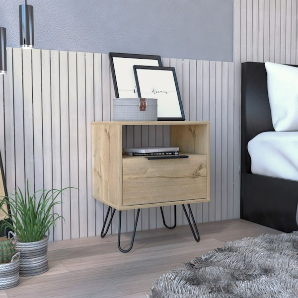 Tuhome Augusta Nightstand, Single Door Cabinet, Hairpin Legs, Light Oak - MLD7033