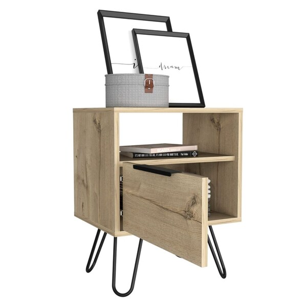 Tuhome Augusta Nightstand, Single Door Cabinet, Hairpin Legs, Light Oak - MLD7033