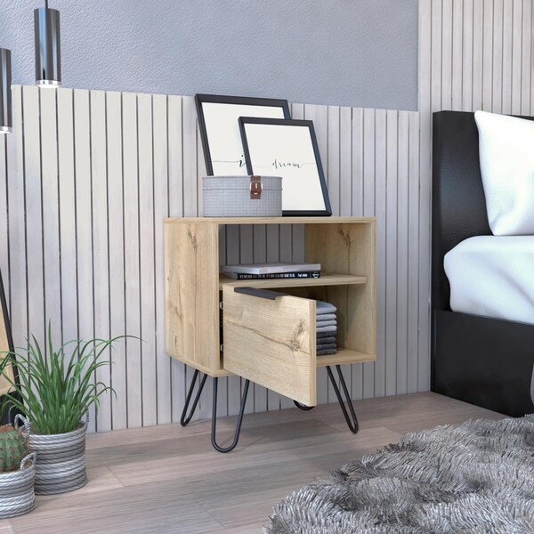 Tuhome Augusta Nightstand, Single Door Cabinet, Hairpin Legs, Light Oak - MLD7033