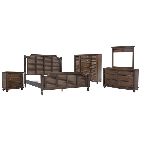 Sunset Trading Bahama Shutter Wood Queen Bedroom Set 3 Drawer Nightstand Tropical Walnut - 5 Piece - CF-1105-36-Q5P