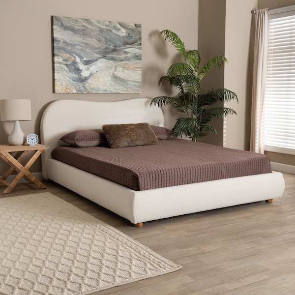 Baxton Studio Maya Mid-Century Modern Cream Boucle Fabric and Oak Brown Finished Wood Queen Size Platform Bed - 228-13067-ZORO