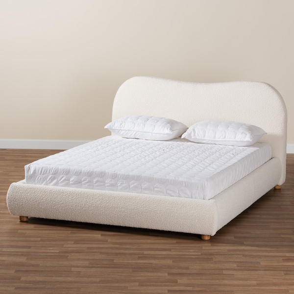 Baxton Studio Maya Mid-Century Modern Cream Boucle Fabric and Oak Brown Finished Wood Queen Size Platform Bed - 228-13067-ZORO