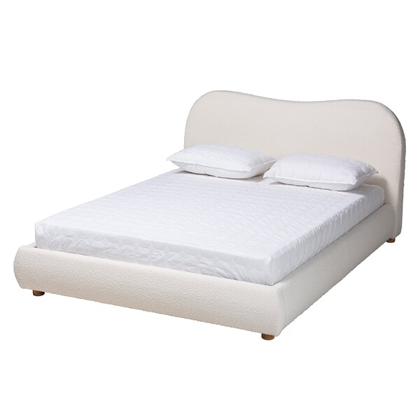 Baxton Studio Maya Mid-Century Modern Cream Boucle Fabric and Oak Brown Finished Wood Queen Size Platform Bed - 228-13067-ZORO