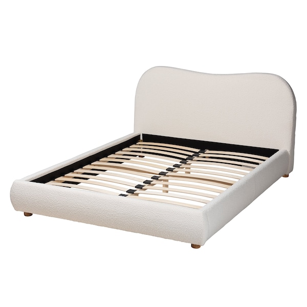 Baxton Studio Maya Mid-Century Modern Cream Boucle Fabric and Oak Brown Finished Wood Queen Size Platform Bed - 228-13067-ZORO