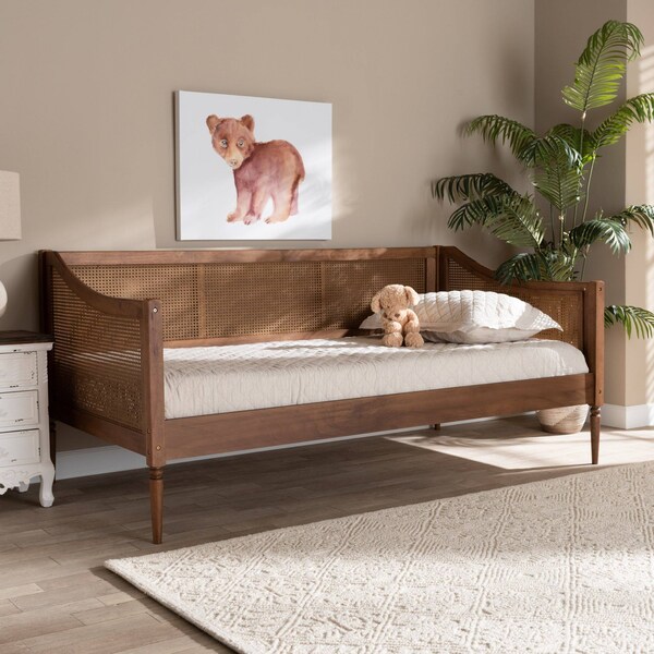Baxton Studio Ogden Mid-Century Walnut Brown Finished Wood and Synthetic Rattan Twin Size Daybed - 194-11517-ZORO