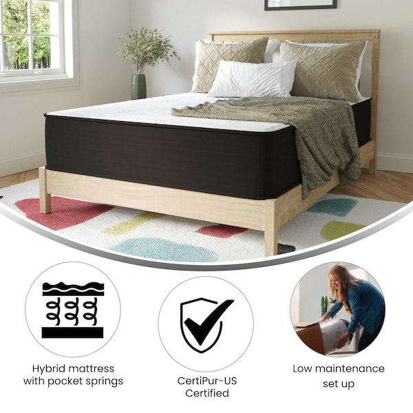 Flash Furniture Dream 12 in Hybrid Mattress, Full Size High Density Foam and Pocket Spring Mattress in a Box, White/Black - DR-E230P-R-F-12-GY-GG