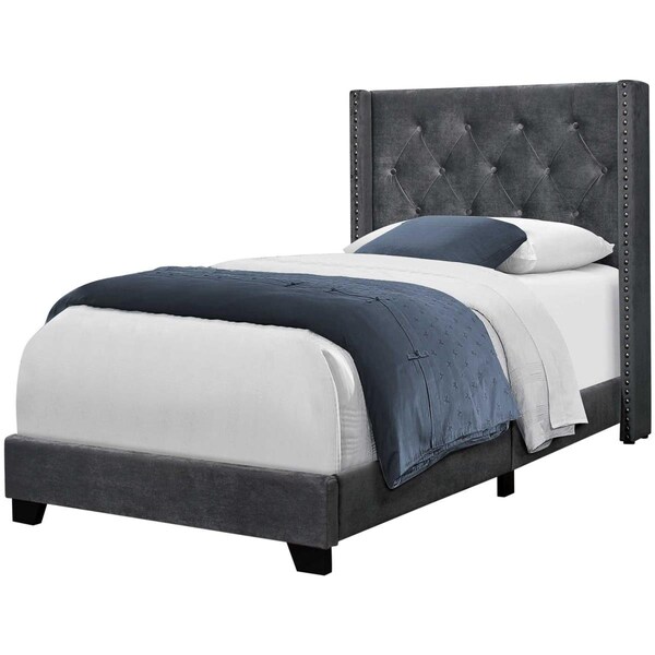 Gfancy Fixtures Dark Gray Velvet with Chrome Trim Twin Size Bed 45.25 x 82.75 x 49.75 in. - GF3097534
