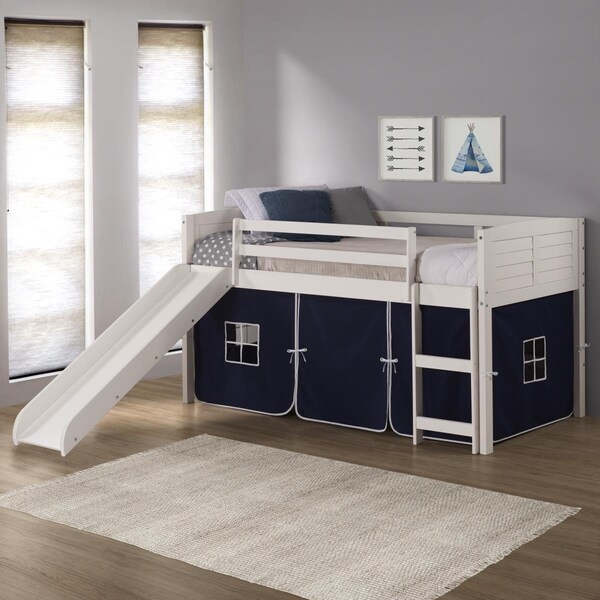 Kd Gabinetes PD-790ATW-B-785W Twin Size Louver Low Loft with Slide & Blue Tent in White - KD3731816