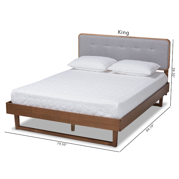 Baxton Studio Natalia Light Grey Upholstered and Walnut Wood Queen Size Platform Bed - 167-9411-9441
