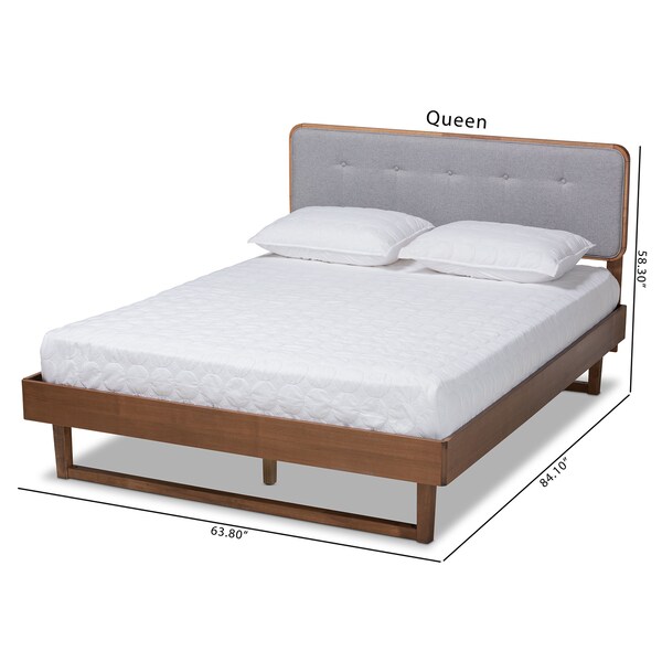 Baxton Studio Natalia Light Grey Upholstered and Walnut Wood Queen Size Platform Bed - 167-9411-9441