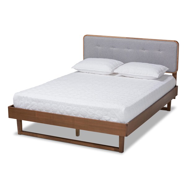 Baxton Studio Natalia Light Grey Upholstered and Walnut Wood Queen Size Platform Bed - 167-9411-9441