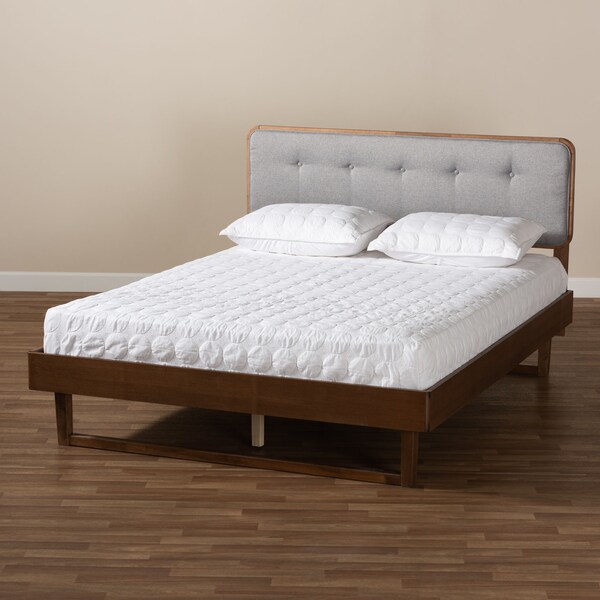 Baxton Studio Natalia Light Grey Upholstered and Walnut Wood Queen Size Platform Bed - 167-9411-9441