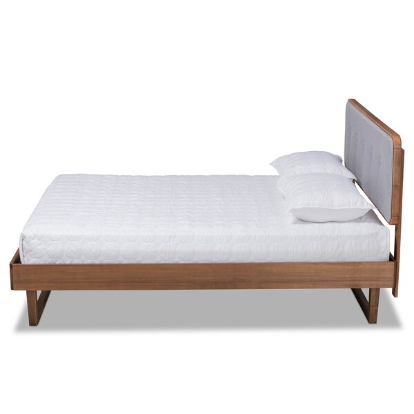 Baxton Studio Natalia Light Grey Upholstered and Walnut Wood Queen Size Platform Bed - 167-9411-9441