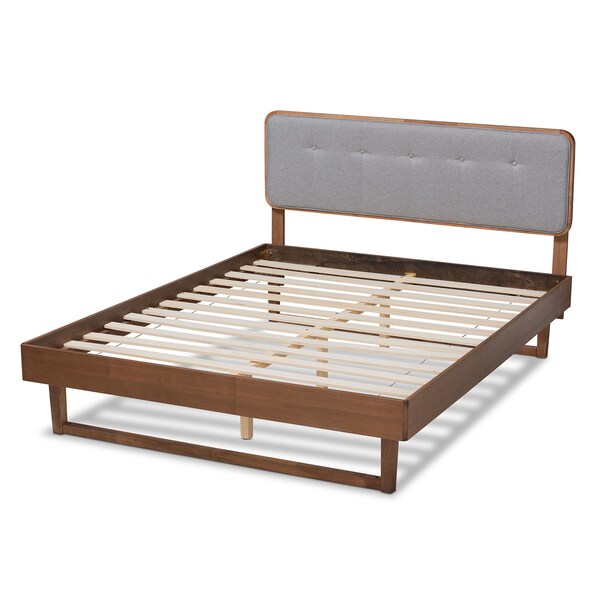 Baxton Studio Natalia Light Grey Upholstered and Walnut Wood Queen Size Platform Bed - 167-9411-9441