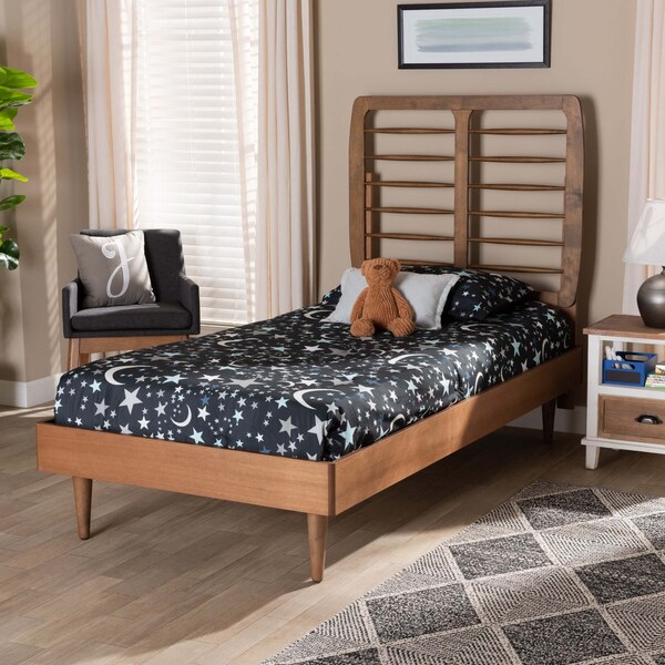 Baxton Studio Rayna Mid-Century Modern Walnut Brown Finished Wood Twin Size Platform Bed - 188-11146-11158-ZORO
