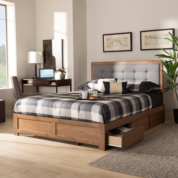 Baxton Studio Lene Modern Dark Grey Fabric and Ash Walnut Brown Finished Wood Queen Size 3-Drawer Storage Bed - 175-9432-9621-ZORO