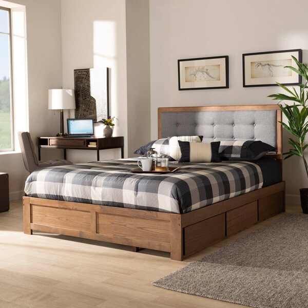 Baxton Studio Lene Modern Dark Grey Fabric and Ash Walnut Brown Finished Wood Queen Size 3-Drawer Storage Bed - 175-9432-9621-ZORO
