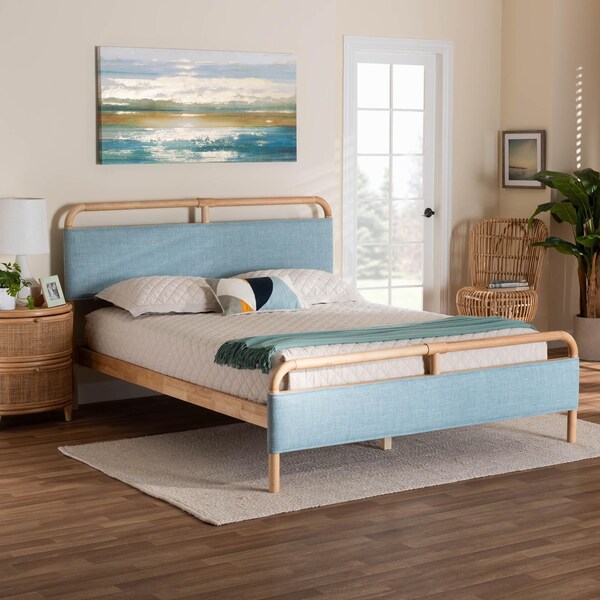 Baxton Studio Mateo Modern and Contemporary Baby Blue Fabric and Natural Wood Queen Size Platform Bed - 245-13448-ZORO