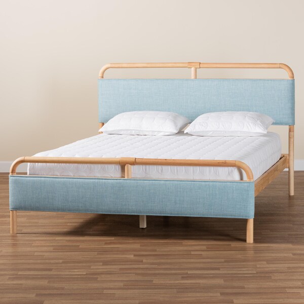 Baxton Studio Mateo Modern and Contemporary Baby Blue Fabric and Natural Wood Queen Size Platform Bed - 245-13448-ZORO