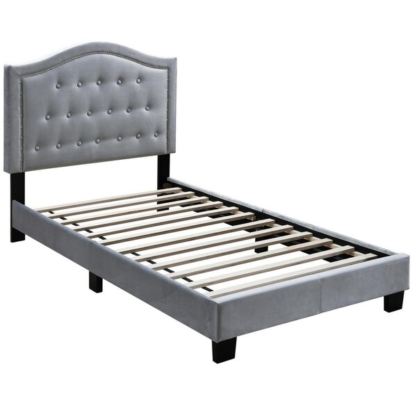 Benjara Curved Headboard with Button Tufted Twin Velvet Bed, Gray - BM232025