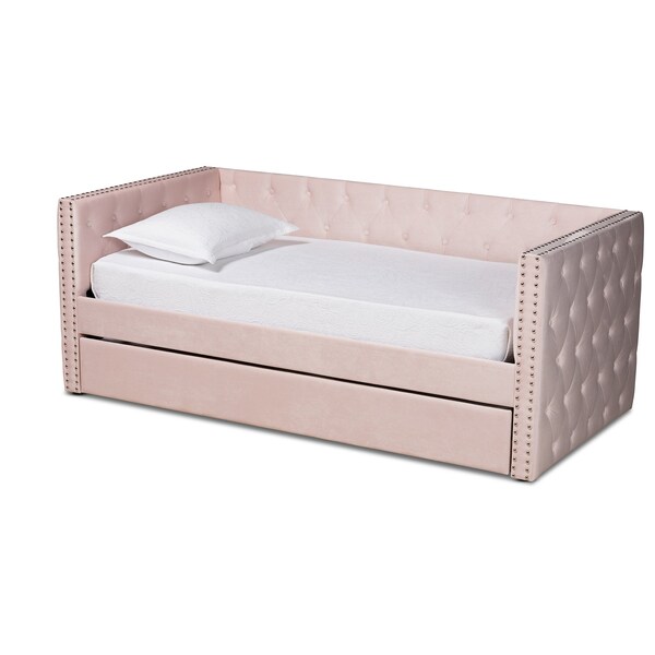 Baxton Studio Larkin Modern and Contemporary Pink Velvet Fabric Twin Size Daybed with Trundle - 187-11463-ZORO