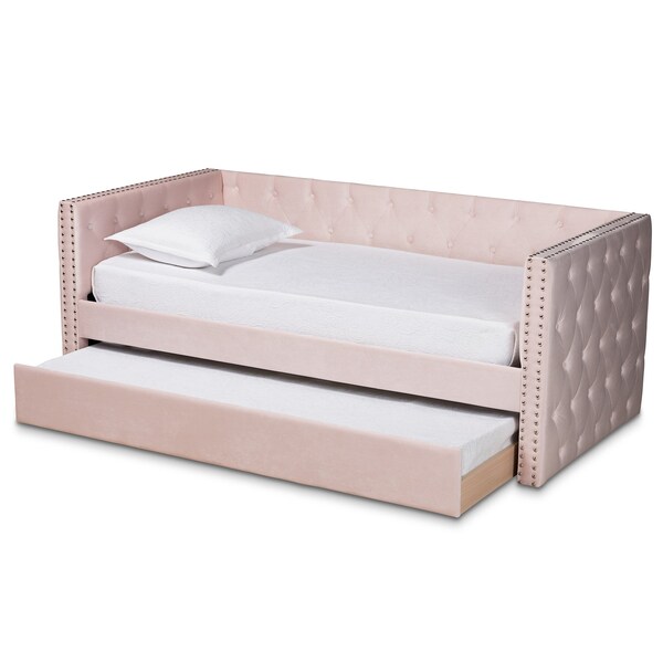 Baxton Studio Larkin Modern and Contemporary Pink Velvet Fabric Twin Size Daybed with Trundle - 187-11463-ZORO