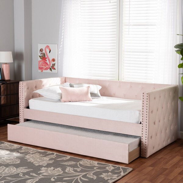 Baxton Studio Larkin Modern and Contemporary Pink Velvet Fabric Twin Size Daybed with Trundle - 187-11463-ZORO