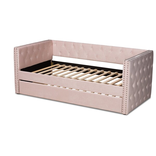 Baxton Studio Larkin Modern and Contemporary Pink Velvet Fabric Twin Size Daybed with Trundle - 187-11463-ZORO
