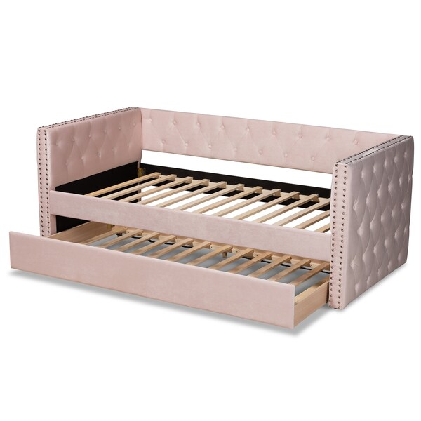 Baxton Studio Larkin Modern and Contemporary Pink Velvet Fabric Twin Size Daybed with Trundle - 187-11463-ZORO