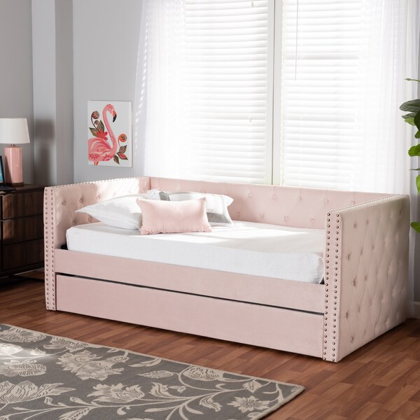 Baxton Studio Larkin Modern and Contemporary Pink Velvet Fabric Twin Size Daybed with Trundle - 187-11463-ZORO