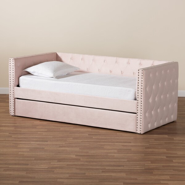 Baxton Studio Larkin Modern and Contemporary Pink Velvet Fabric Twin Size Daybed with Trundle - 187-11463-ZORO
