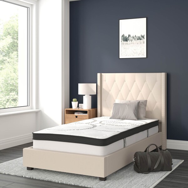Flash Furniture Twin Size Beige Fabric Platform Bed & Mattress - HG-BM10-33-GG