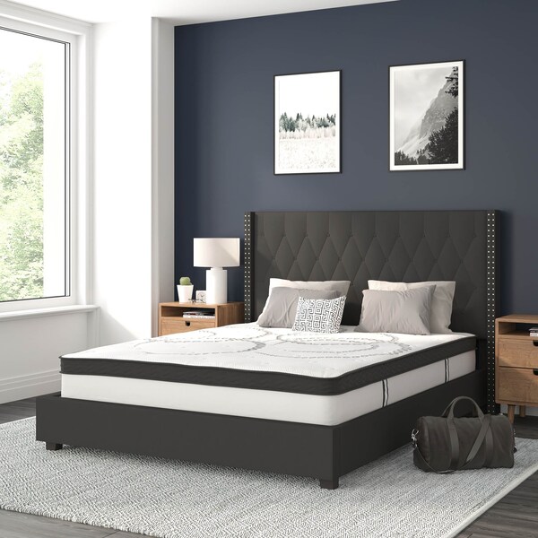 Flash Furniture Queen Size Black Fabric Platform Bed & Mattress - HG-BM10-39-GG