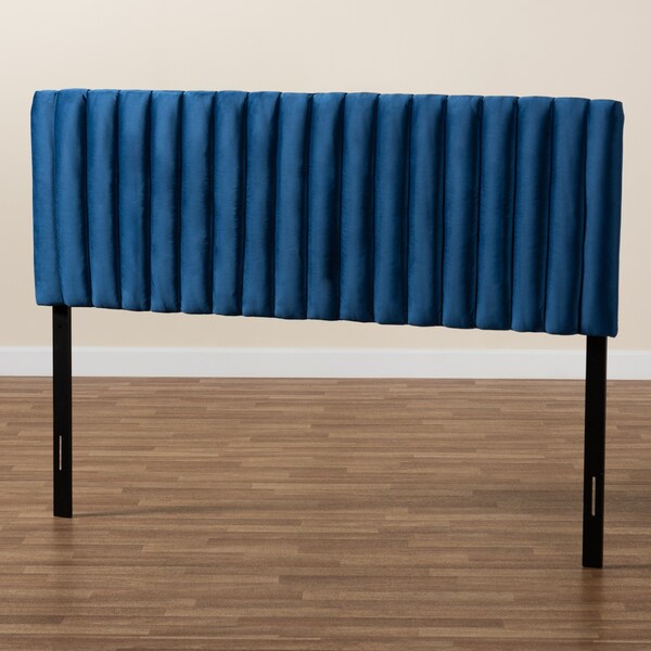 Baxton Studio Emile ModernNavy Blue Velvet Upholstered and Dark Brown Finished Wood Headboard-Queen - 199-12402-ZORO