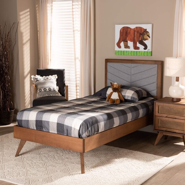 Baxton Studio Roze Mid-Century Light Grey Fabric Upholstered and Walnut brown Finished Wood Platform Bed-Twin - 192-11538-11159-ZORO