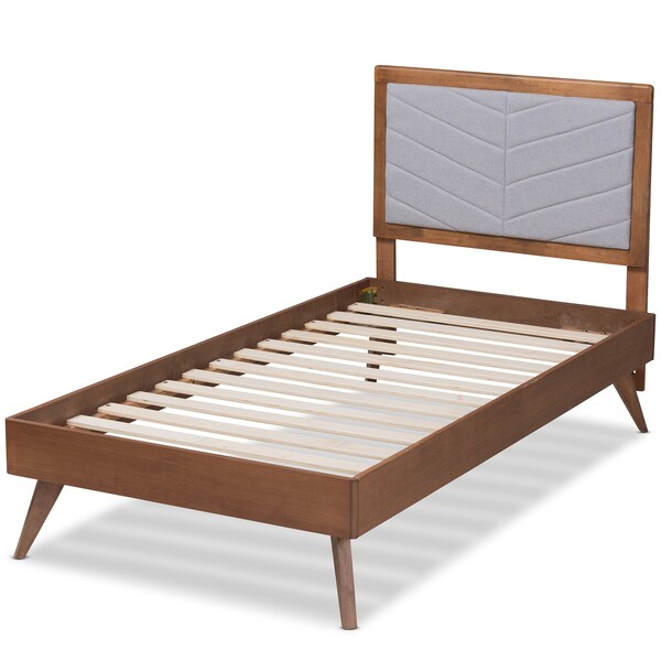 Baxton Studio Roze Mid-Century Light Grey Fabric Upholstered and Walnut brown Finished Wood Platform Bed-Twin - 192-11538-11159-ZORO