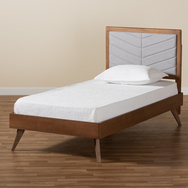 Baxton Studio Roze Mid-Century Light Grey Fabric Upholstered and Walnut brown Finished Wood Platform Bed-Twin - 192-11538-11159-ZORO