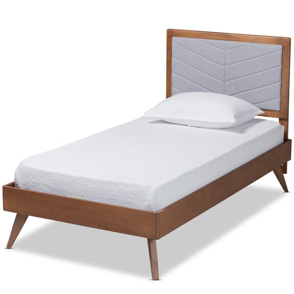 Baxton Studio Roze Mid-Century Light Grey Fabric Upholstered and Walnut brown Finished Wood Platform Bed-Twin - 192-11538-11159-ZORO