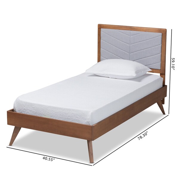 Baxton Studio Roze Mid-Century Light Grey Fabric Upholstered and Walnut brown Finished Wood Platform Bed-Twin - 192-11538-11159-ZORO