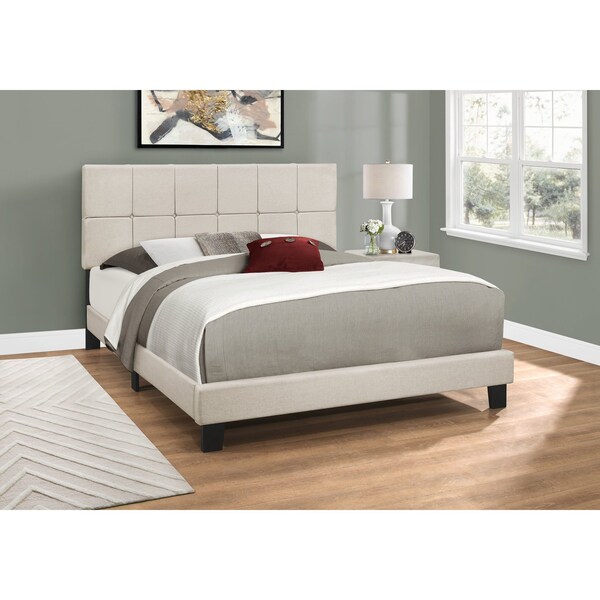 Monarch Specialties Bed, Queen Size, Platform, Bedroom, Frame, Upholstered, Linen Look, Wood Legs, Beige, Black - I 5605Q