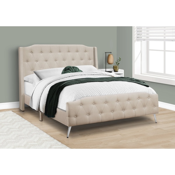 Monarch Specialties Bed, Queen Size, Bedroom, Upholstered, Beige Linen Look, Chrome Metal Legs, Transitional - I 6046Q