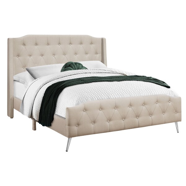Monarch Specialties Bed, Queen Size, Bedroom, Upholstered, Beige Linen Look, Chrome Metal Legs, Transitional - I 6046Q