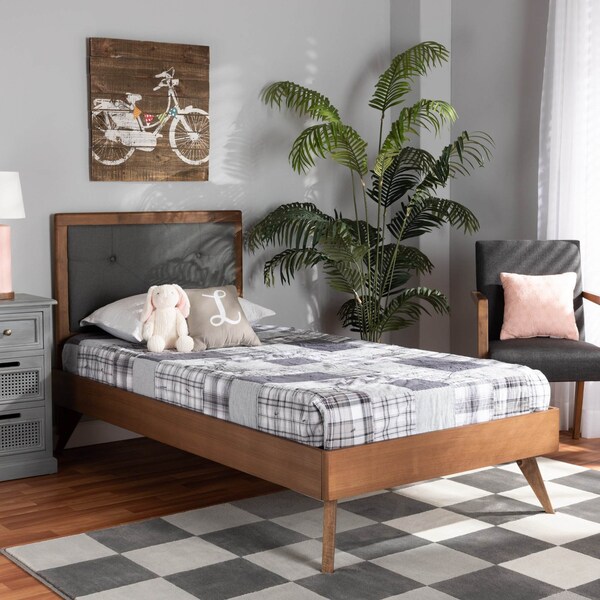 Baxton Studio Laima Mid-Century Dark Grey Fabric Upholstered and Walnut Brown Finished Wood Platform Bed-Twin - 191-11526-11159-ZORO
