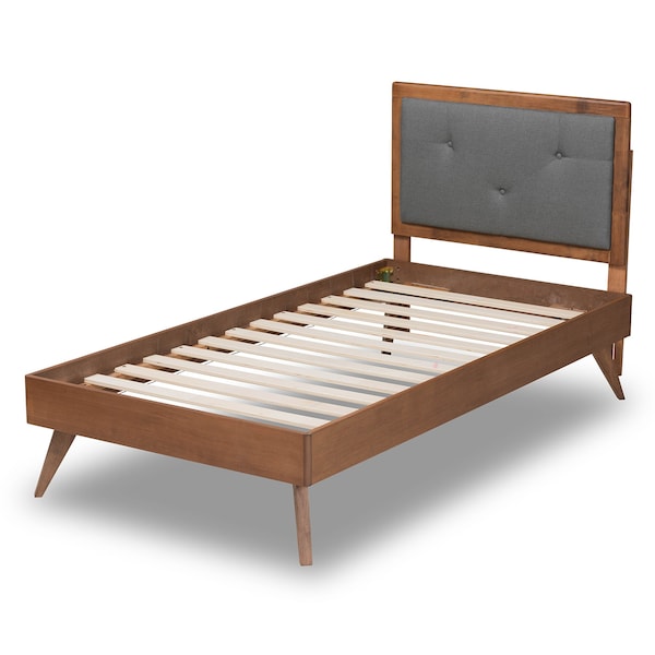 Baxton Studio Laima Mid-Century Dark Grey Fabric Upholstered and Walnut Brown Finished Wood Platform Bed-Twin - 191-11526-11159-ZORO