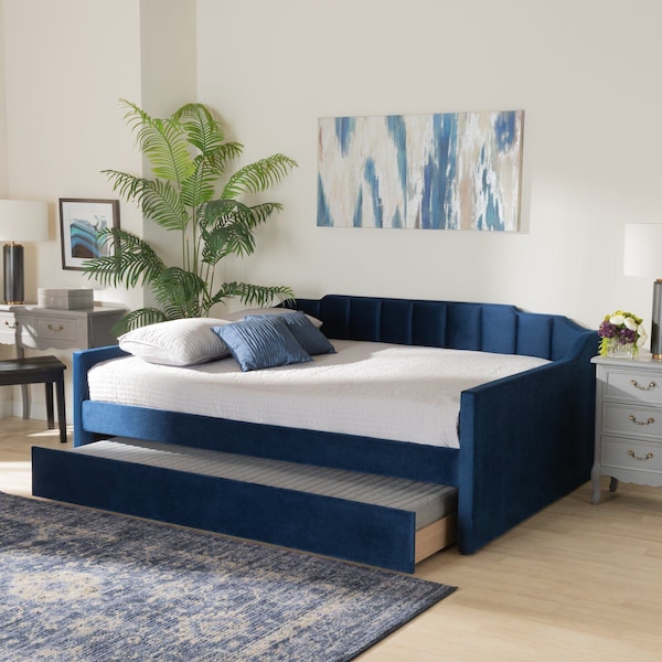 Baxton Studio Lennon Modern and Contemporary Navy Blue Velvet Fabric Full Size Daybed with Trundle - 186-11467-ZORO