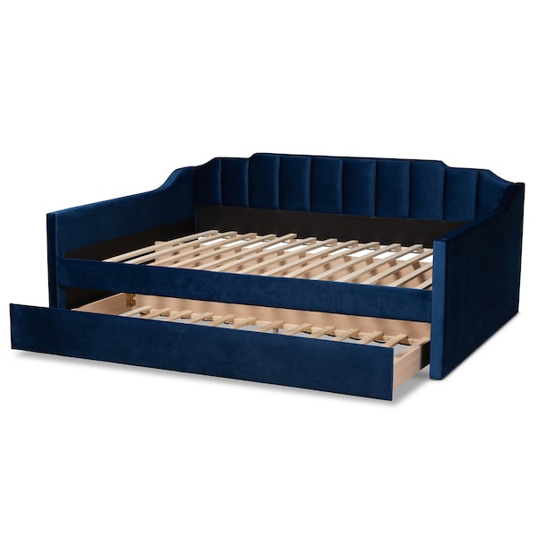Baxton Studio Lennon Modern and Contemporary Navy Blue Velvet Fabric Full Size Daybed with Trundle - 186-11467-ZORO