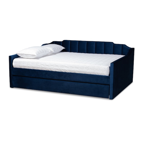 Baxton Studio Lennon Modern and Contemporary Navy Blue Velvet Fabric Full Size Daybed with Trundle - 186-11467-ZORO
